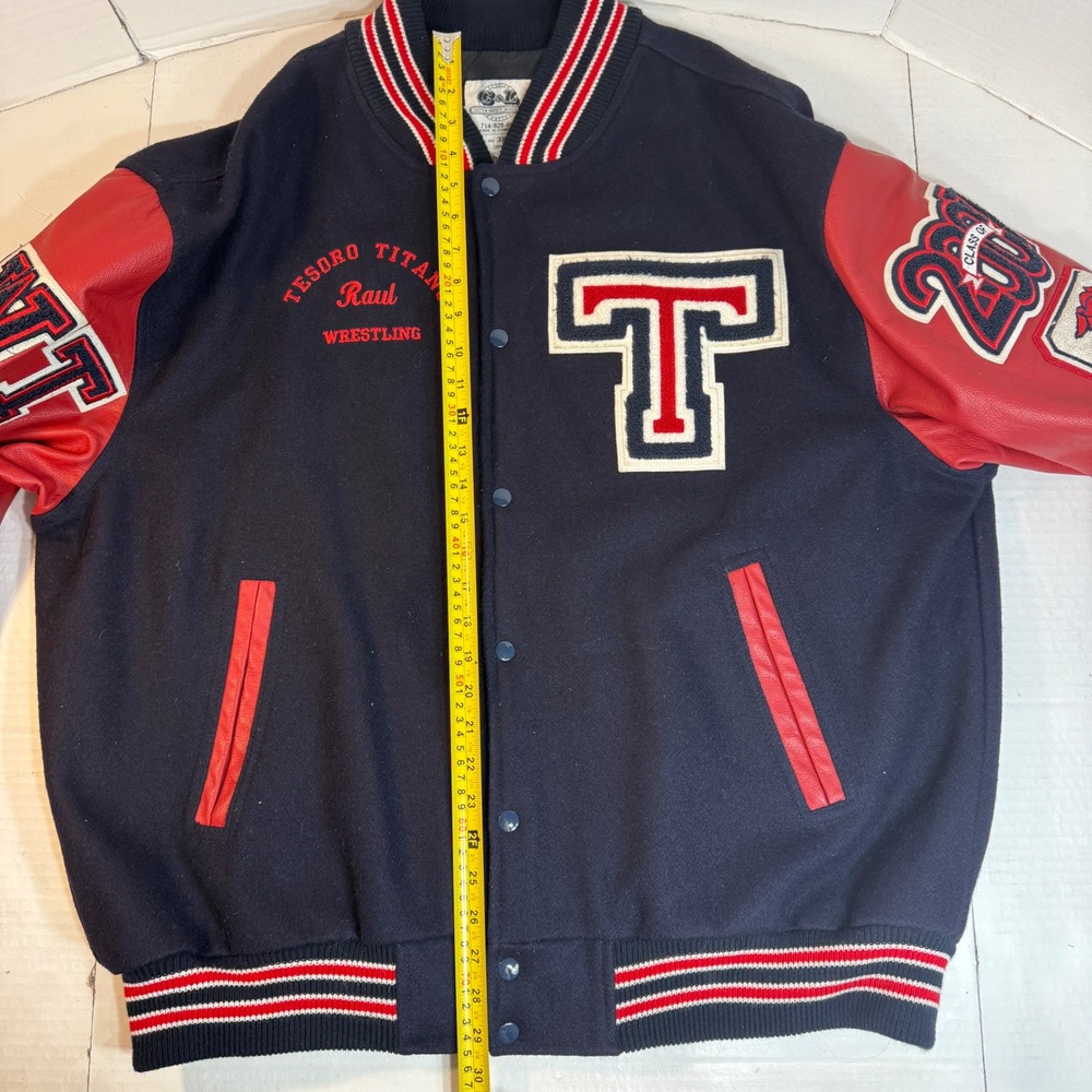 Letterman Jacket 3XL Leather wool Varsity Y2K Patch authentic red blue Wrestling - Picture 6 of 16